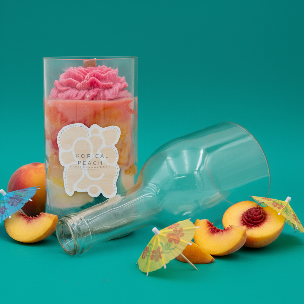 Tropical peach-themed candle with a bottle and peaches on a teal background