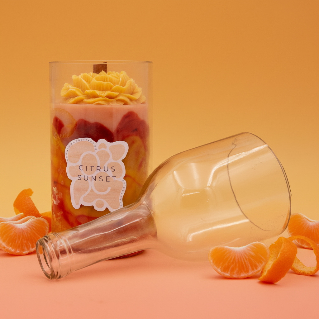 Candle labeled 'Citrus Sunset' with a glass bottle and orange slices on an orange background