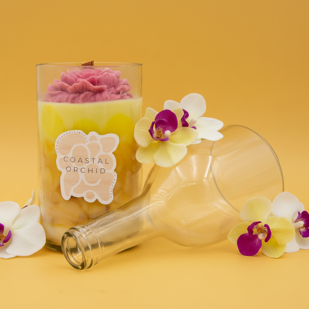 Candle labeled 'Coastal Orchid' with orchid flowers on a yellow background