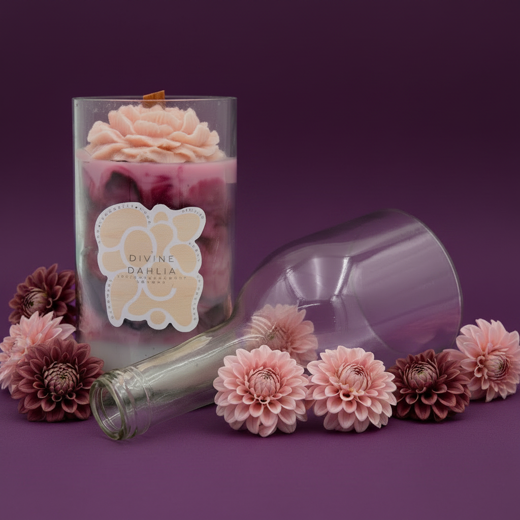 Glass bottle with pink flowers and 'Divine Dahlia' label on a purple background