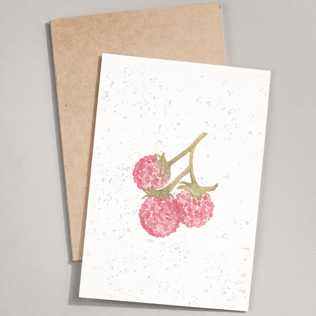 Greeting card with pink berries design on a white background, accompanied by a brown envelope.