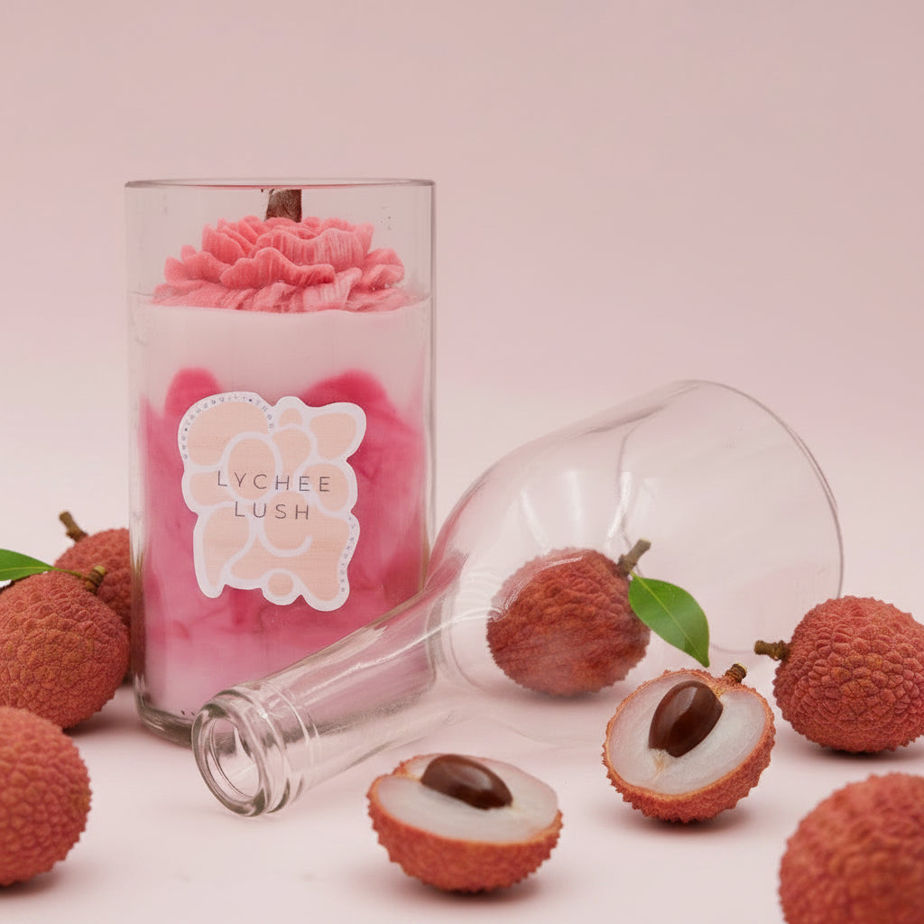Pink floral candle in a glass container with 'Lush' branding on a white background