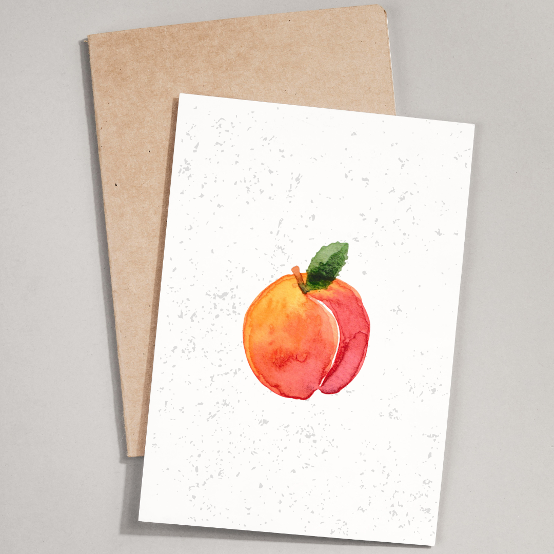 Greeting card with a watercolor peach design on a white background, accompanied by a kraft envelope.