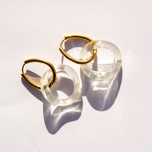 Pair of earrings with gold and clear components on a white background