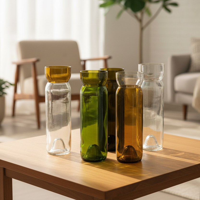 Set of glass tumblers in various colors on a white background