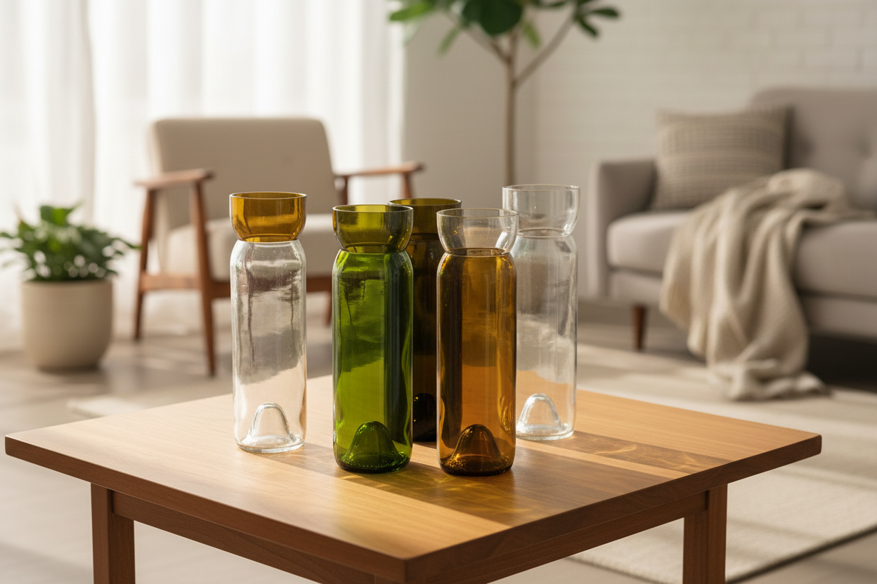 Set of glass tumblers in various colors on a white background